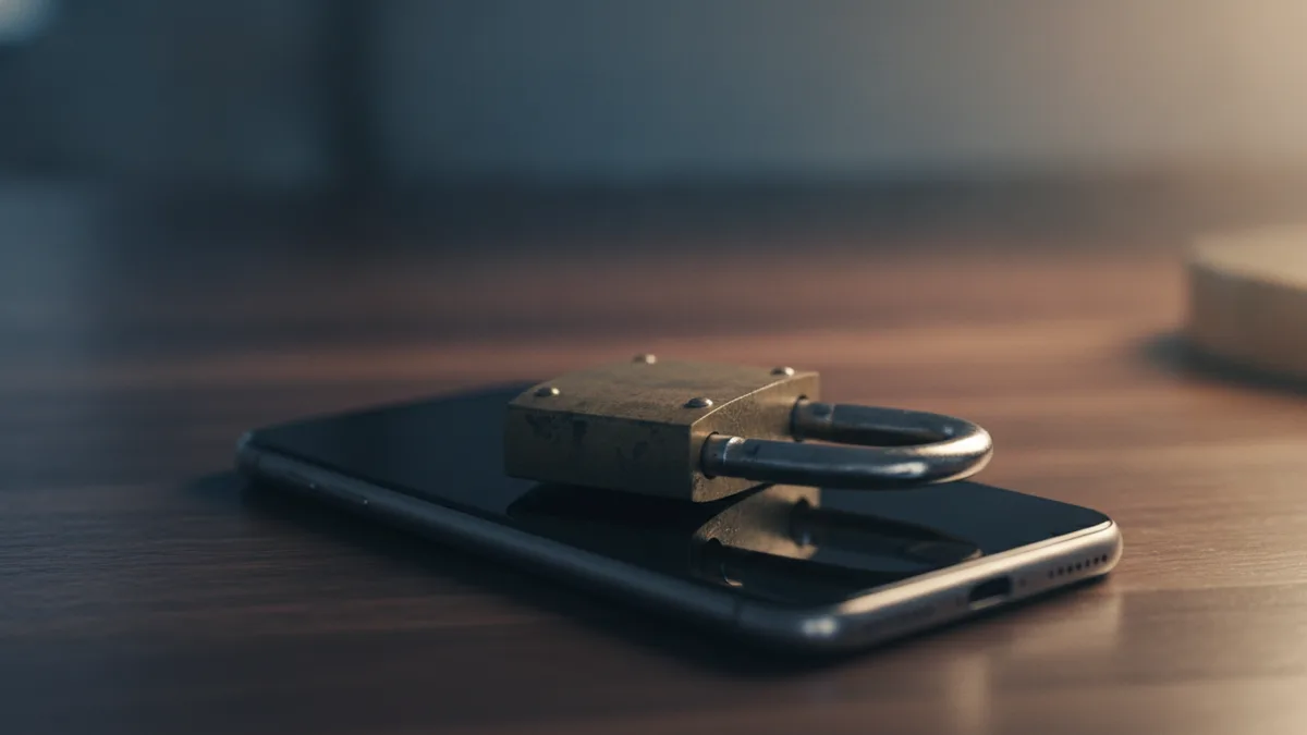 Otwarta kłódka leżąca na ekranie wyłączonego telefonu