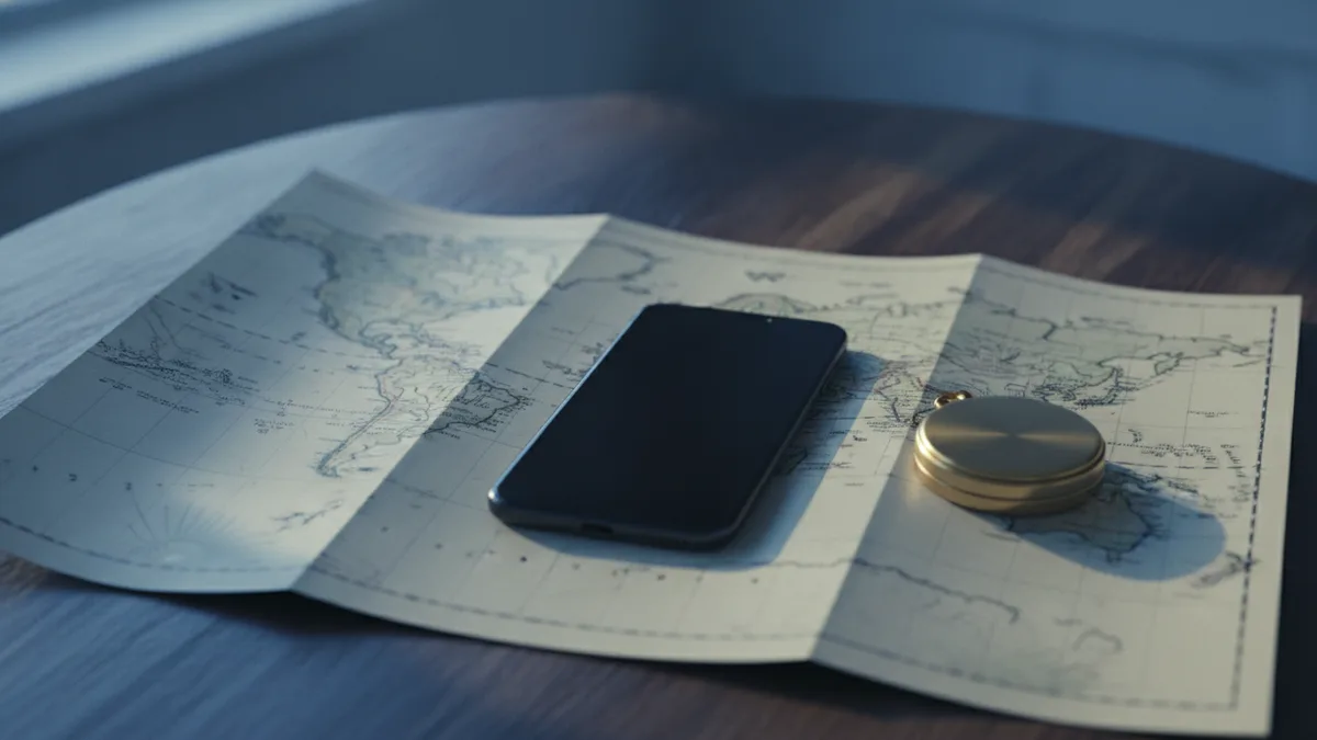 Telefon na złożonej mapie świata obok mosiężnego kompasu