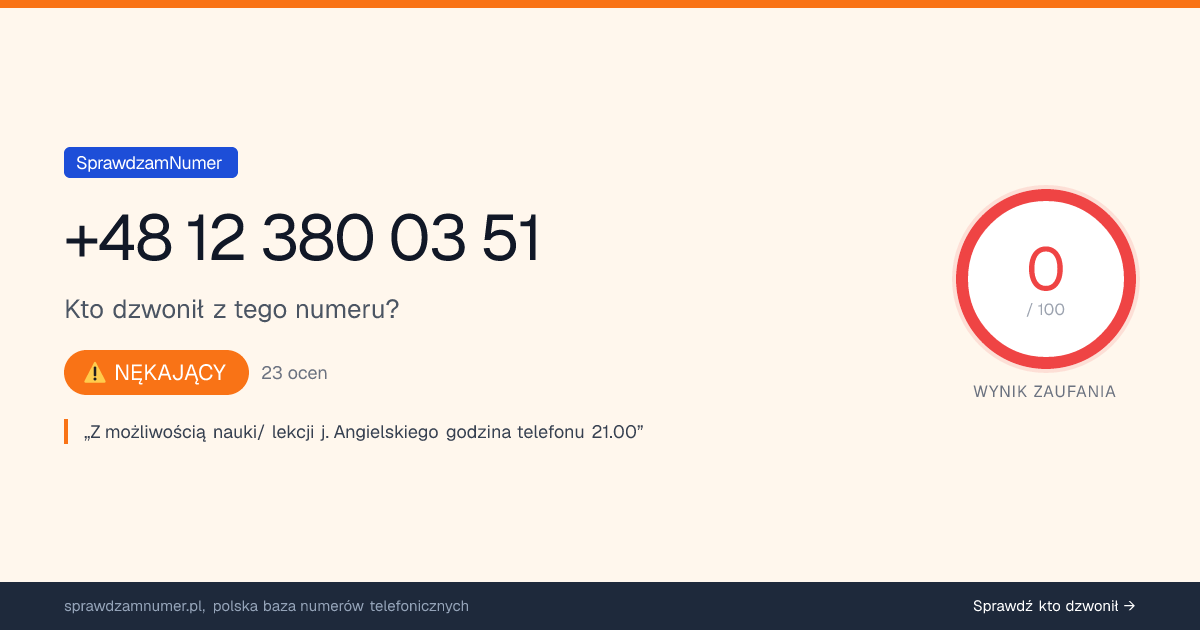 Wynik zaufania i opinie o numerze +48 12 380 03 51, werdykt: nękający
