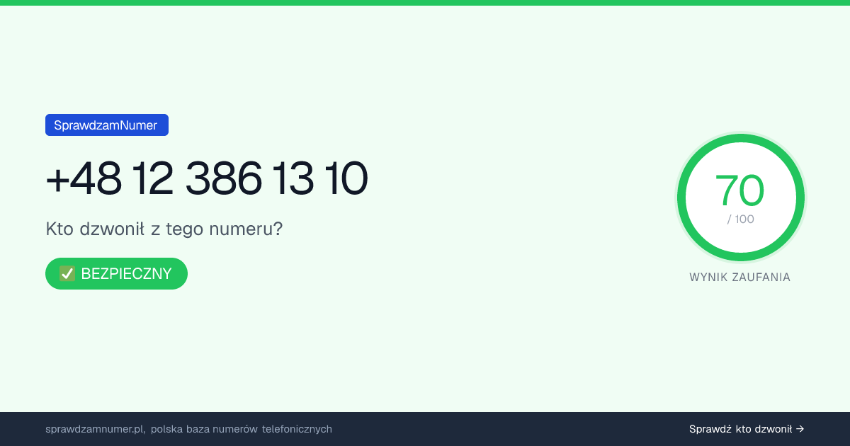 Wynik zaufania i opinie o numerze +48 12 386 13 10, werdykt: bezpieczny