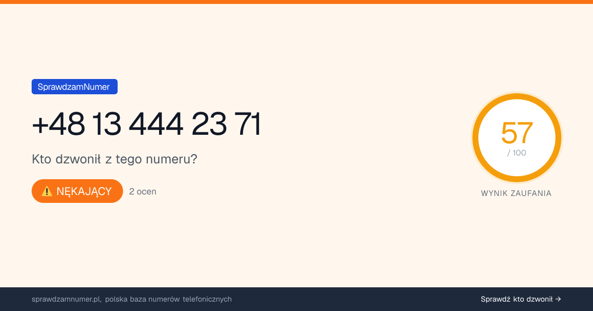 Wynik zaufania i opinie o numerze +48 13 444 23 71, werdykt: nękający
