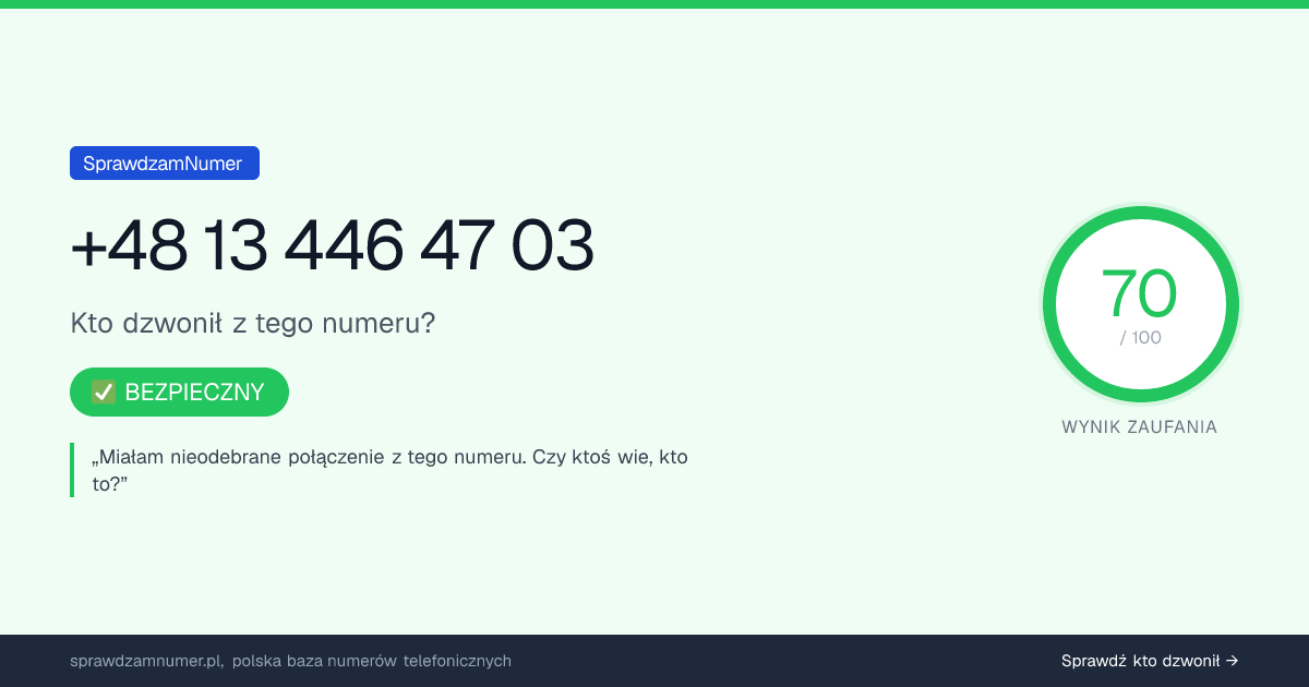 Wynik zaufania i opinie o numerze +48 13 446 47 03, werdykt: bezpieczny