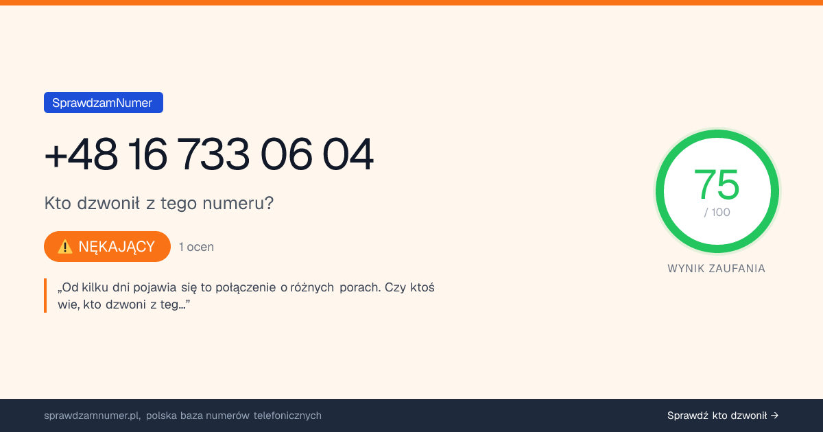 Wynik zaufania i opinie o numerze +48 16 733 06 04, werdykt: nękający