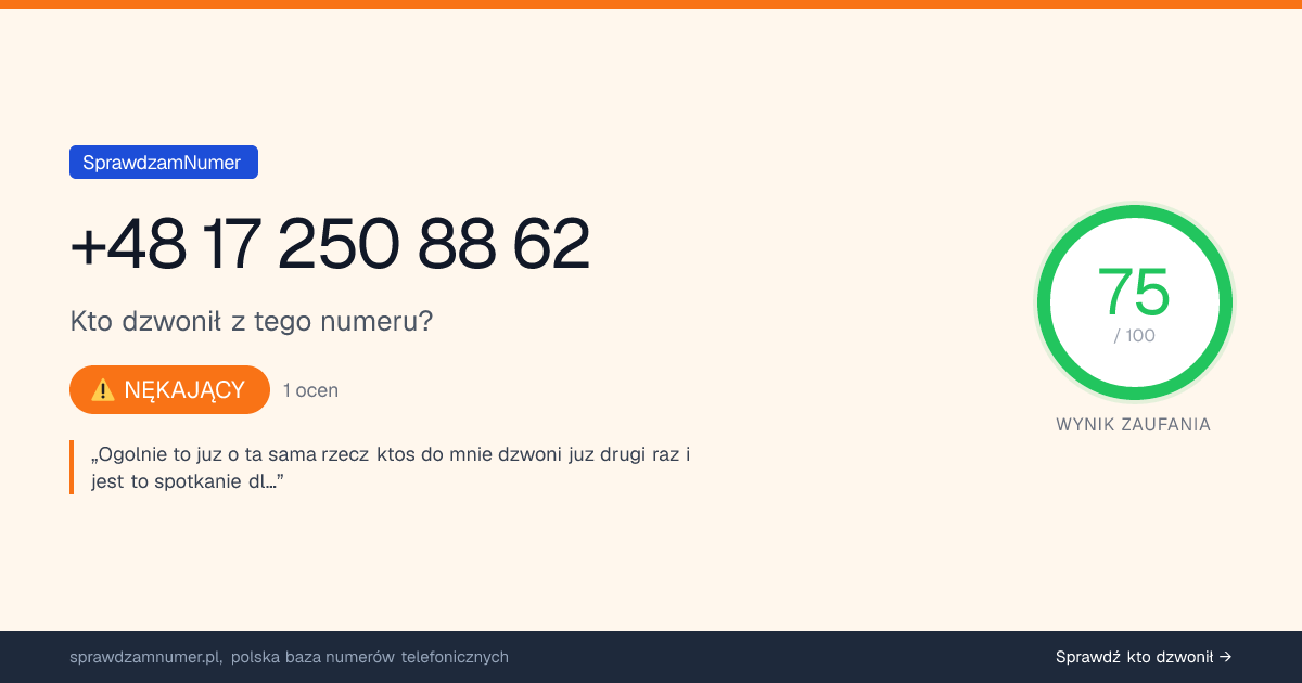 Wynik zaufania i opinie o numerze +48 17 250 88 62, werdykt: nękający