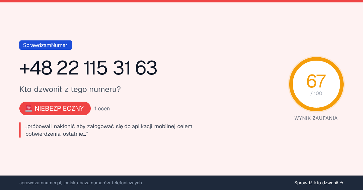 Wynik zaufania i opinie o numerze +48 22 115 31 63, werdykt: niebezpieczny