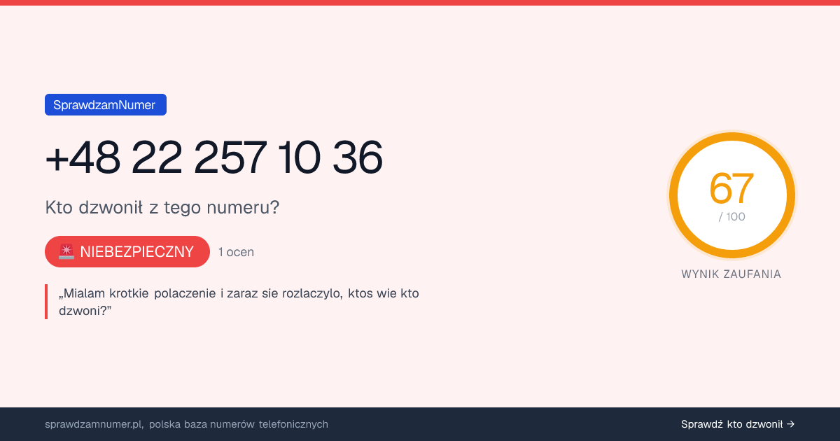 Wynik zaufania i opinie o numerze +48 22 257 10 36, werdykt: niebezpieczny
