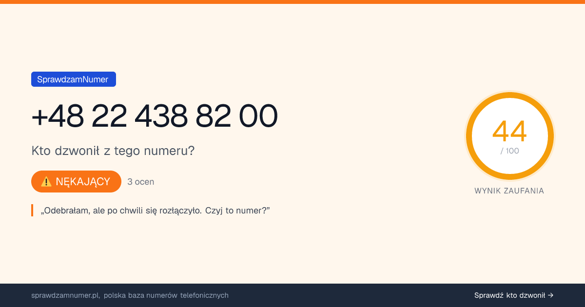 Wynik zaufania i opinie o numerze +48 22 438 82 00, werdykt: nękający