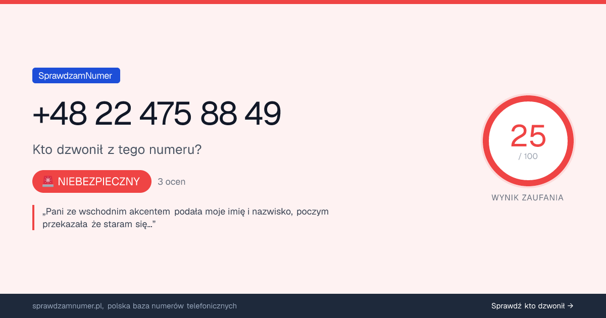 Wynik zaufania i opinie o numerze +48 22 475 88 49, werdykt: niebezpieczny