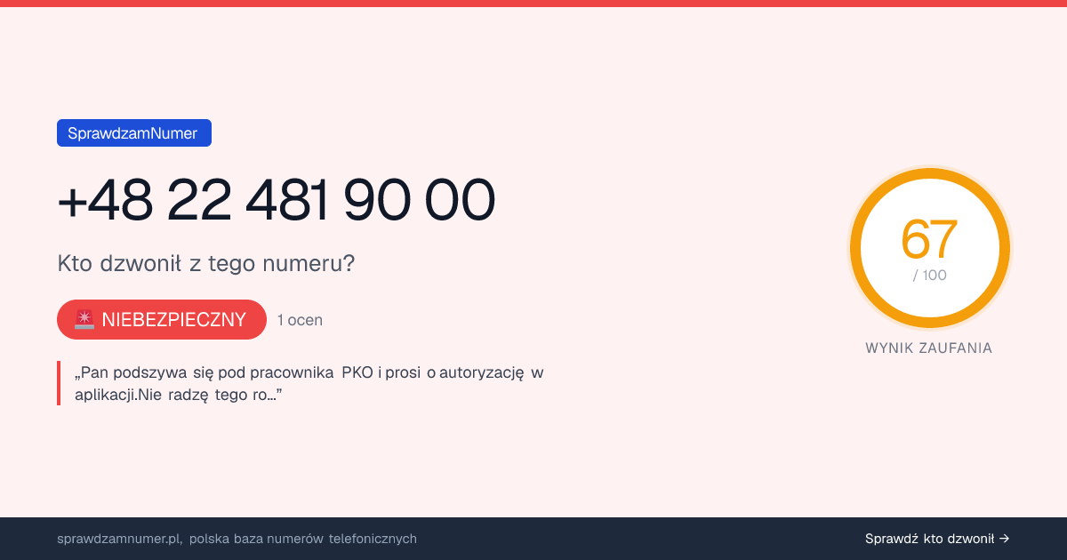 Wynik zaufania i opinie o numerze +48 22 481 90 00, werdykt: niebezpieczny
