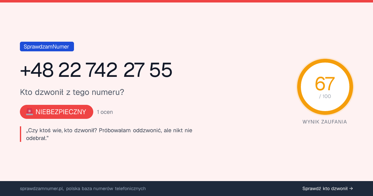 Wynik zaufania i opinie o numerze +48 22 742 27 55, werdykt: niebezpieczny
