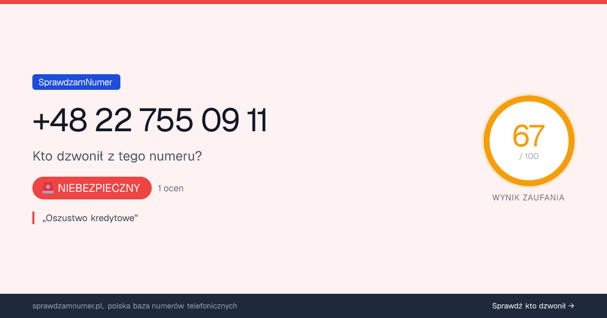 Wynik zaufania i opinie o numerze +48 22 755 09 11, werdykt: niebezpieczny