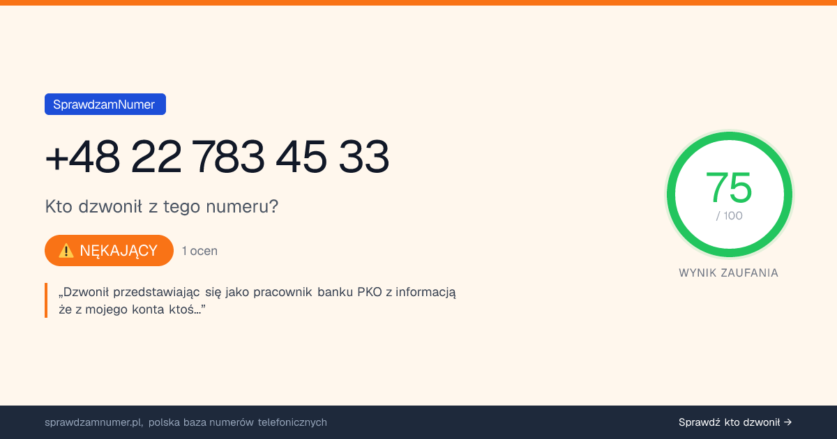Wynik zaufania i opinie o numerze +48 22 783 45 33, werdykt: nękający