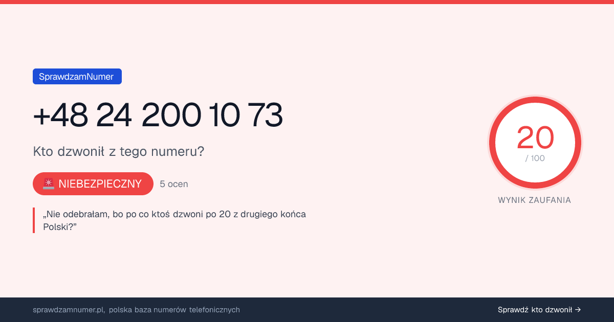 Wynik zaufania i opinie o numerze +48 24 200 10 73, werdykt: niebezpieczny