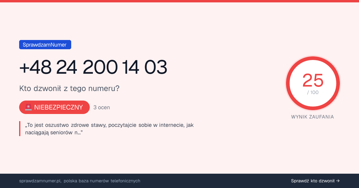 Wynik zaufania i opinie o numerze +48 24 200 14 03, werdykt: niebezpieczny