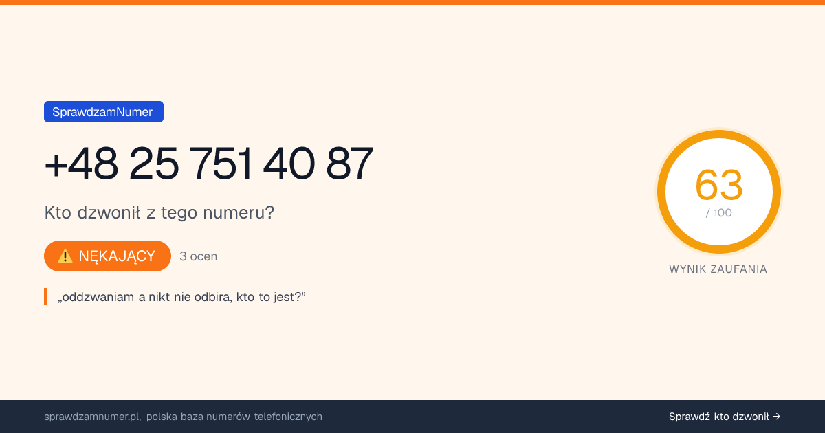 Wynik zaufania i opinie o numerze +48 25 751 40 87, werdykt: nękający