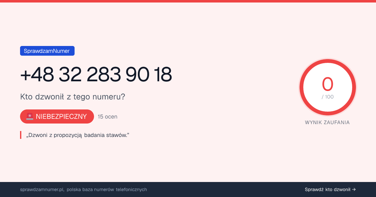 Wynik zaufania i opinie o numerze +48 32 283 90 18, werdykt: niebezpieczny