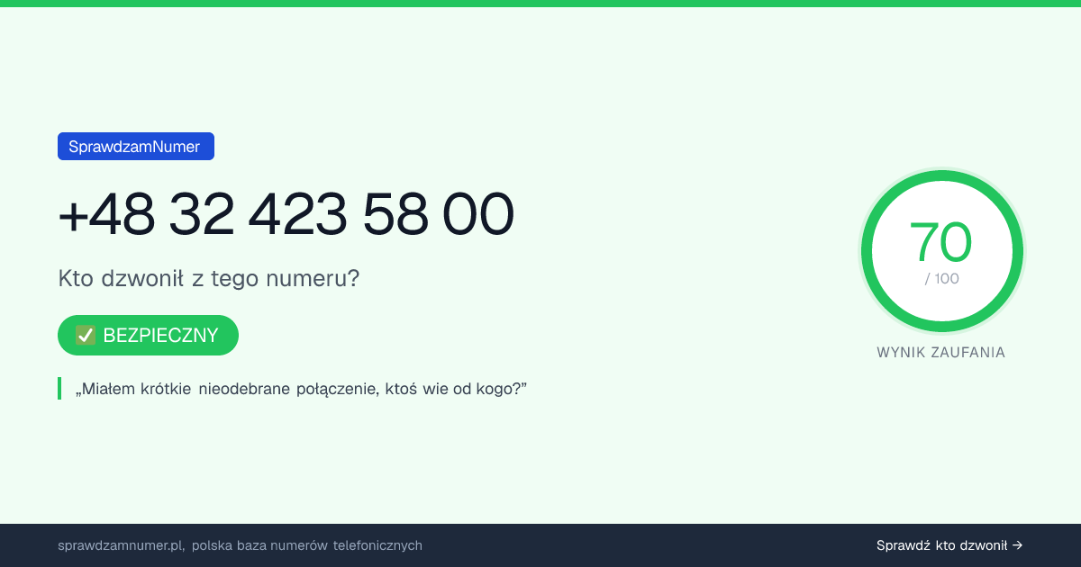 Wynik zaufania i opinie o numerze +48 32 423 58 00, werdykt: bezpieczny