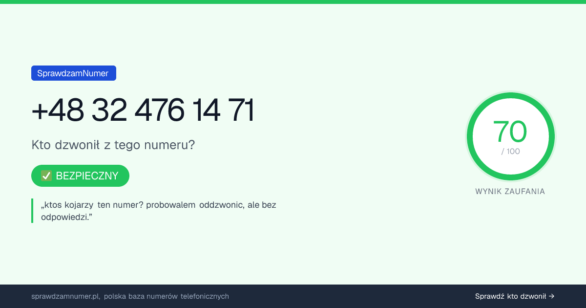 Wynik zaufania i opinie o numerze +48 32 476 14 71, werdykt: bezpieczny