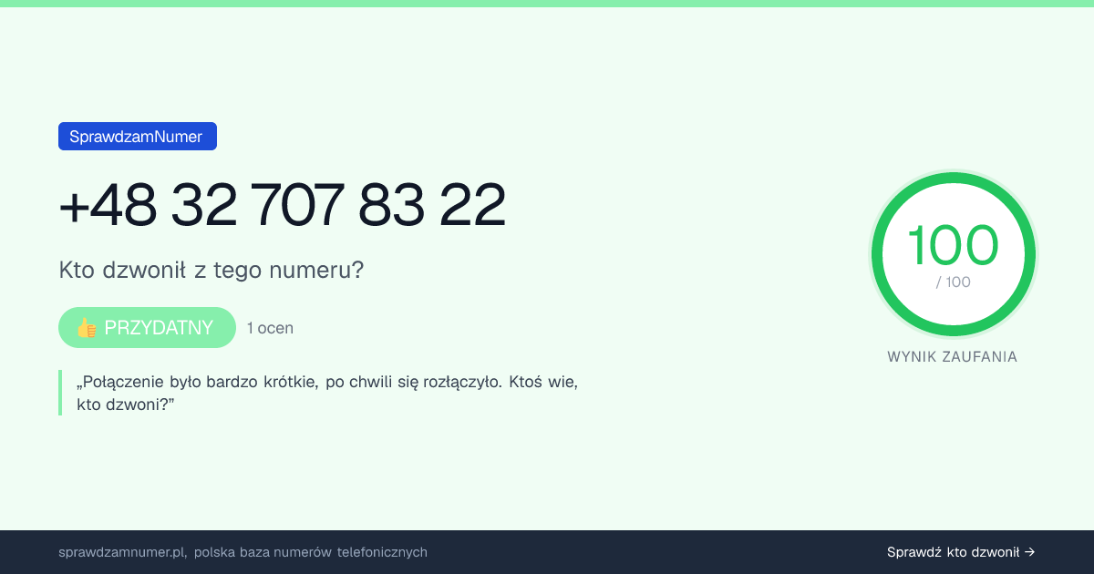 Wynik zaufania i opinie o numerze +48 32 707 83 22, werdykt: przydatny