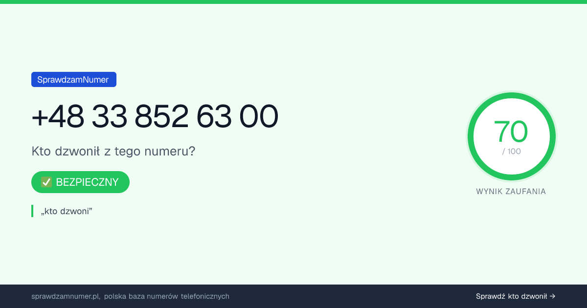 Wynik zaufania i opinie o numerze +48 33 852 63 00, werdykt: bezpieczny
