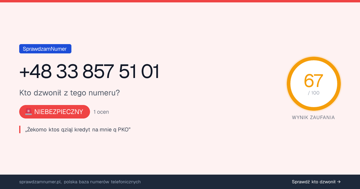 Wynik zaufania i opinie o numerze +48 33 857 51 01, werdykt: niebezpieczny