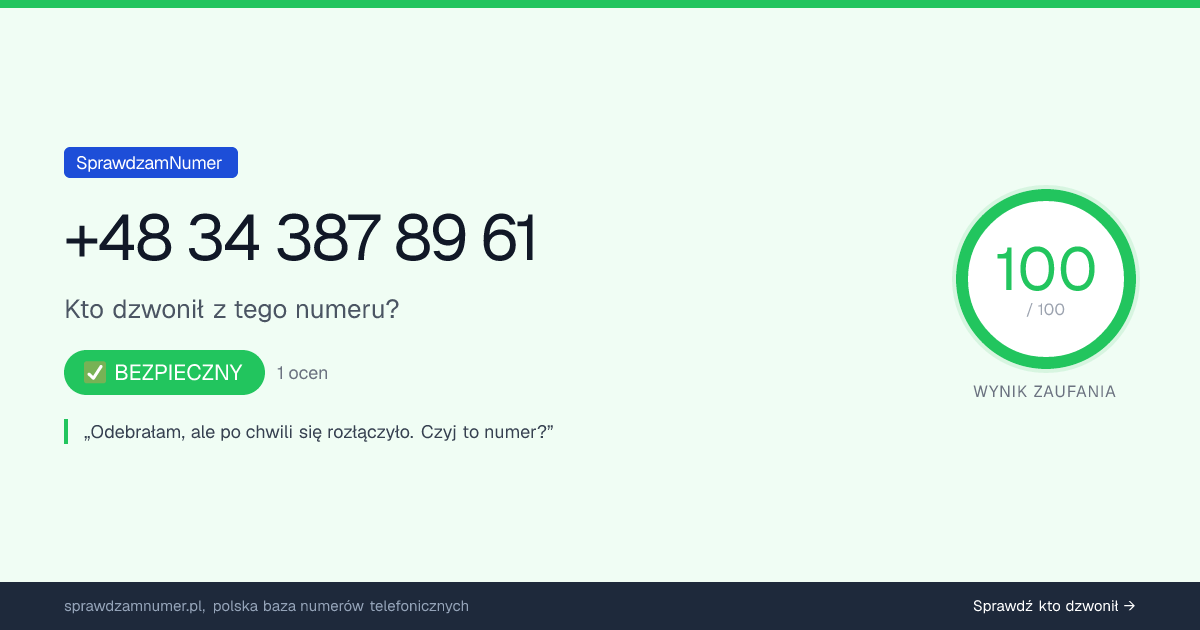 Wynik zaufania i opinie o numerze +48 34 387 89 61, werdykt: bezpieczny