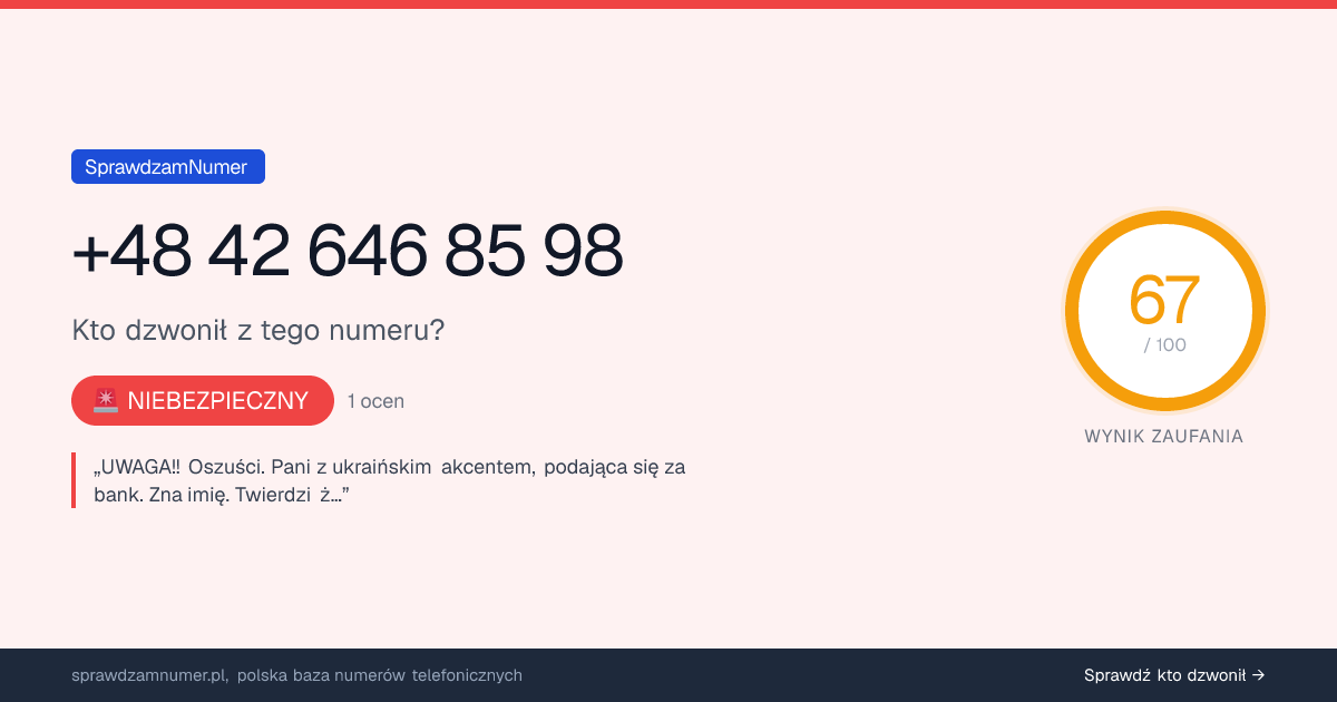 Wynik zaufania i opinie o numerze +48 42 646 85 98, werdykt: niebezpieczny
