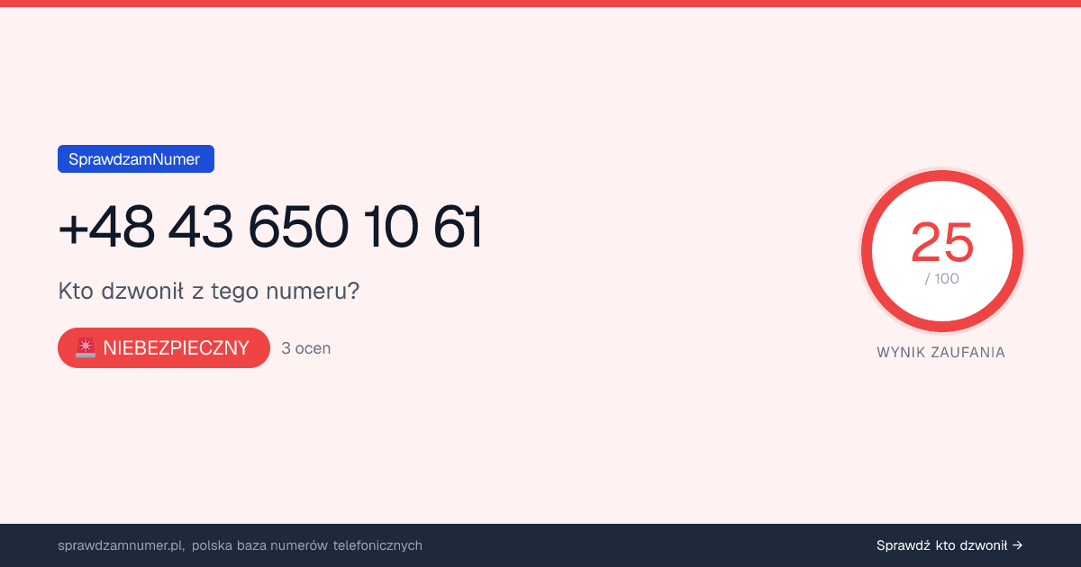 Wynik zaufania i opinie o numerze +48 43 650 10 61, werdykt: niebezpieczny