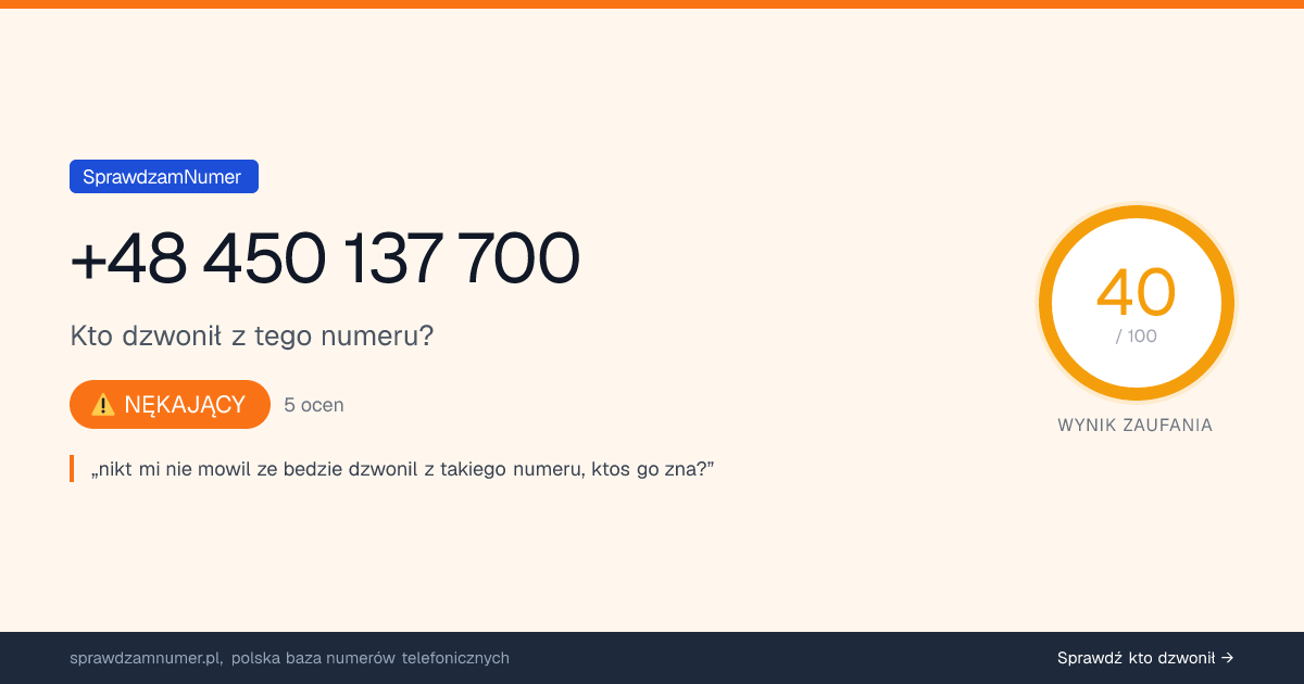 Wynik zaufania i opinie o numerze +48 450 137 700, werdykt: nękający