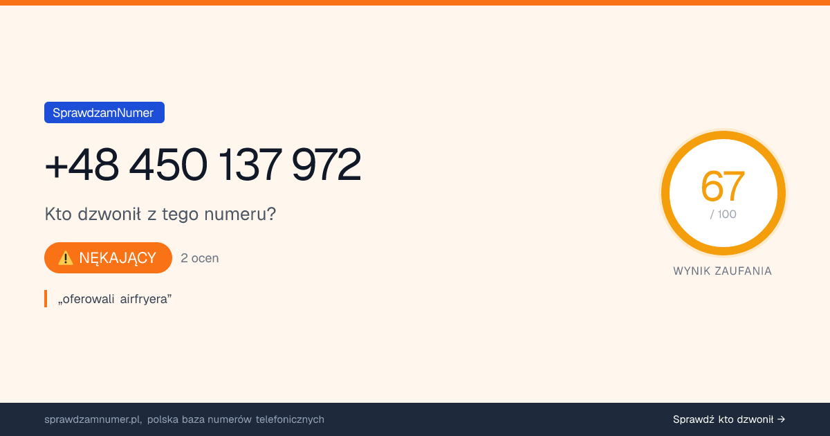 Wynik zaufania i opinie o numerze +48 450 137 972, werdykt: nękający
