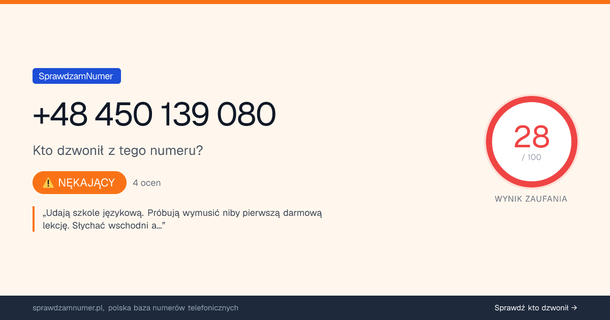 Wynik zaufania i opinie o numerze +48 450 139 080, werdykt: nękający
