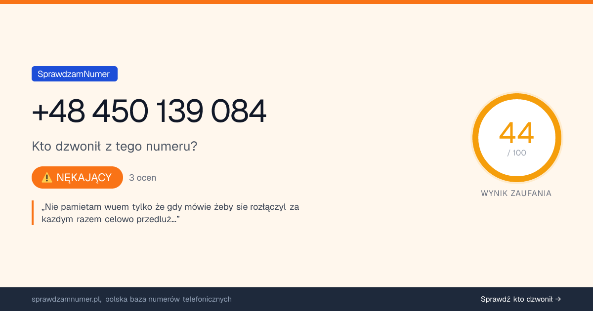 Wynik zaufania i opinie o numerze +48 450 139 084, werdykt: nękający