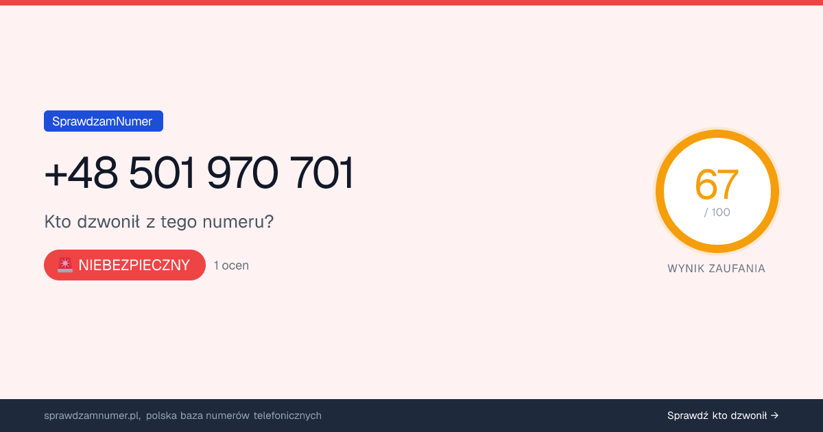 Wynik zaufania i opinie o numerze +48 501 970 701, werdykt: niebezpieczny