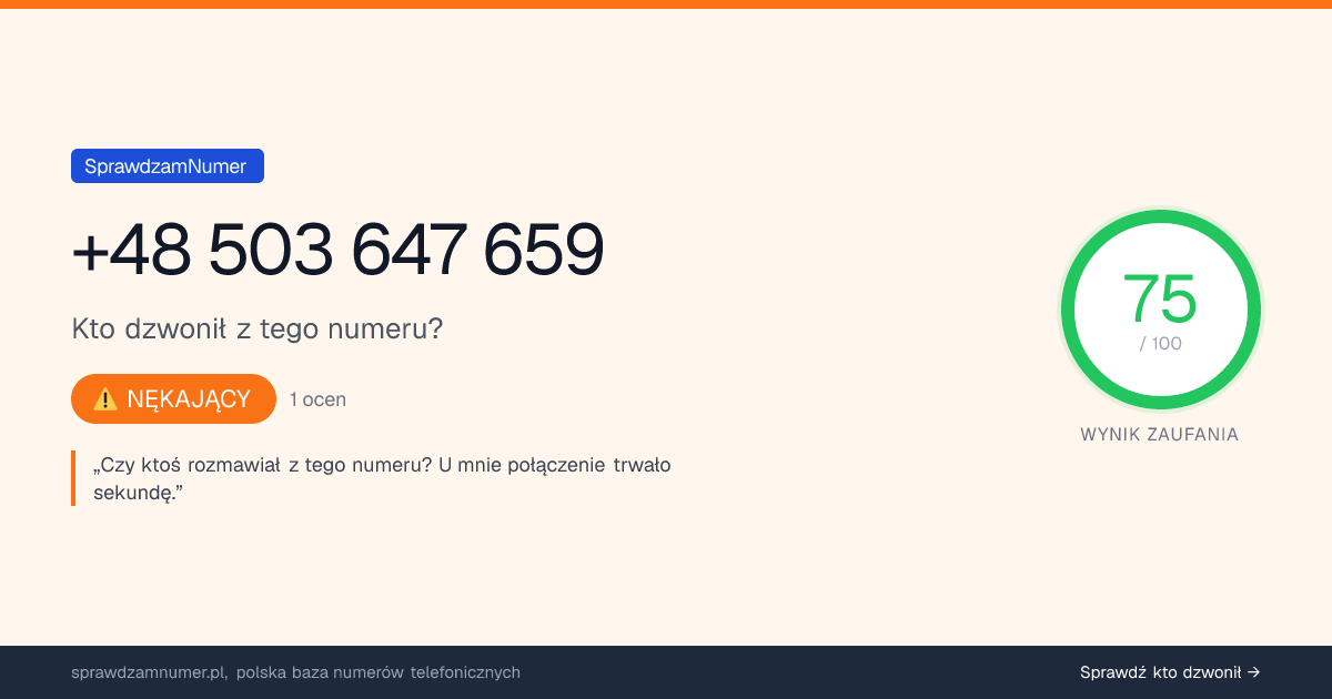 Wynik zaufania i opinie o numerze +48 503 647 659, werdykt: nękający