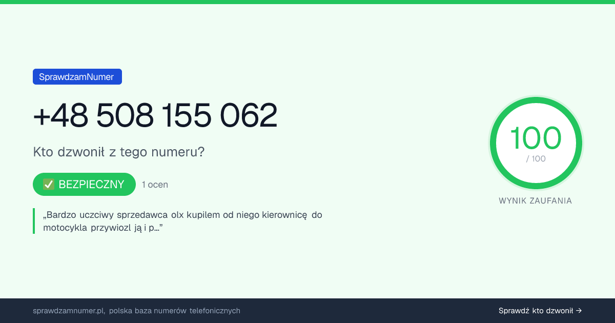 Wynik zaufania i opinie o numerze +48 508 155 062, werdykt: bezpieczny