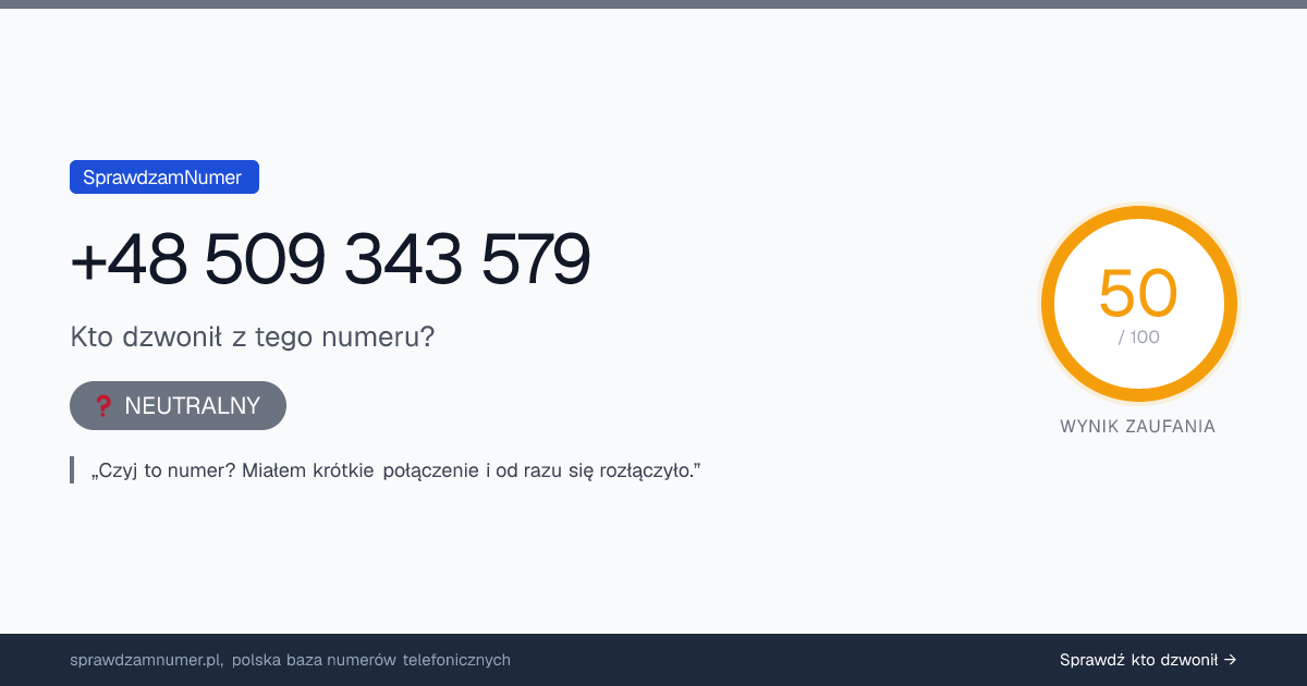 Wynik zaufania i opinie o numerze +48 509 343 579, werdykt: neutralny