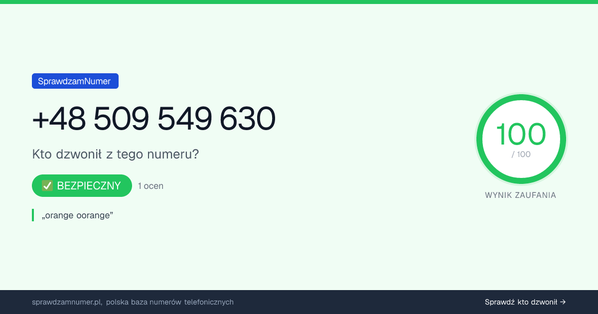 Wynik zaufania i opinie o numerze +48 509 549 630, werdykt: bezpieczny