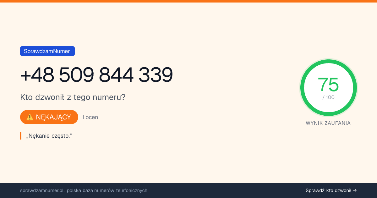 Wynik zaufania i opinie o numerze +48 509 844 339, werdykt: nękający