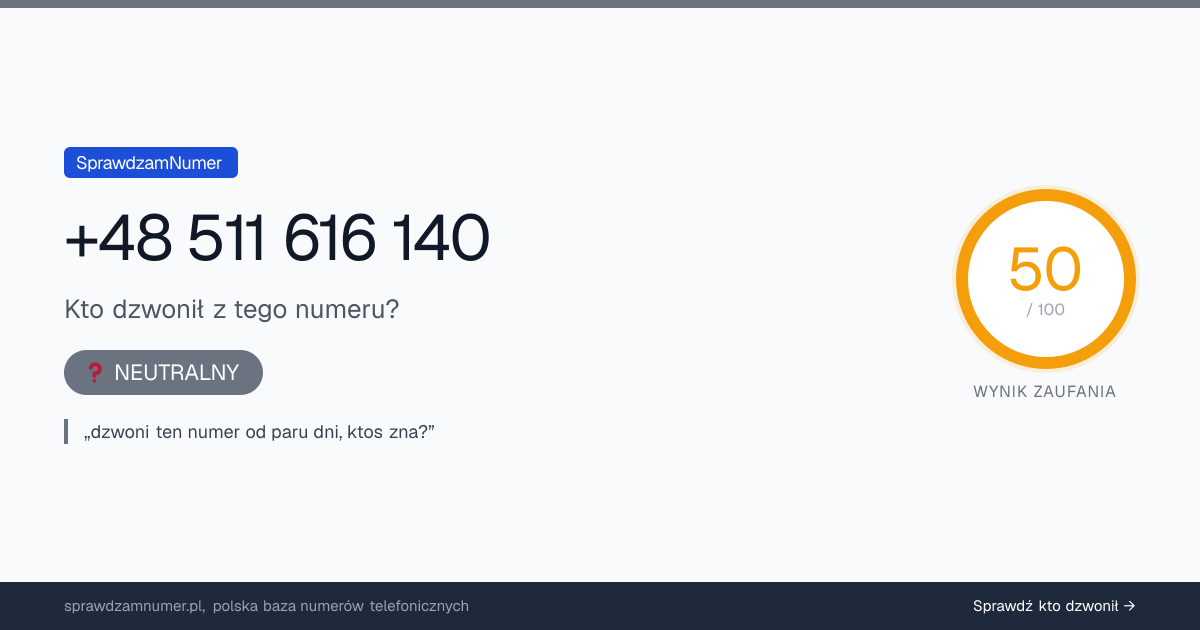 Wynik zaufania i opinie o numerze +48 511 616 140, werdykt: neutralny