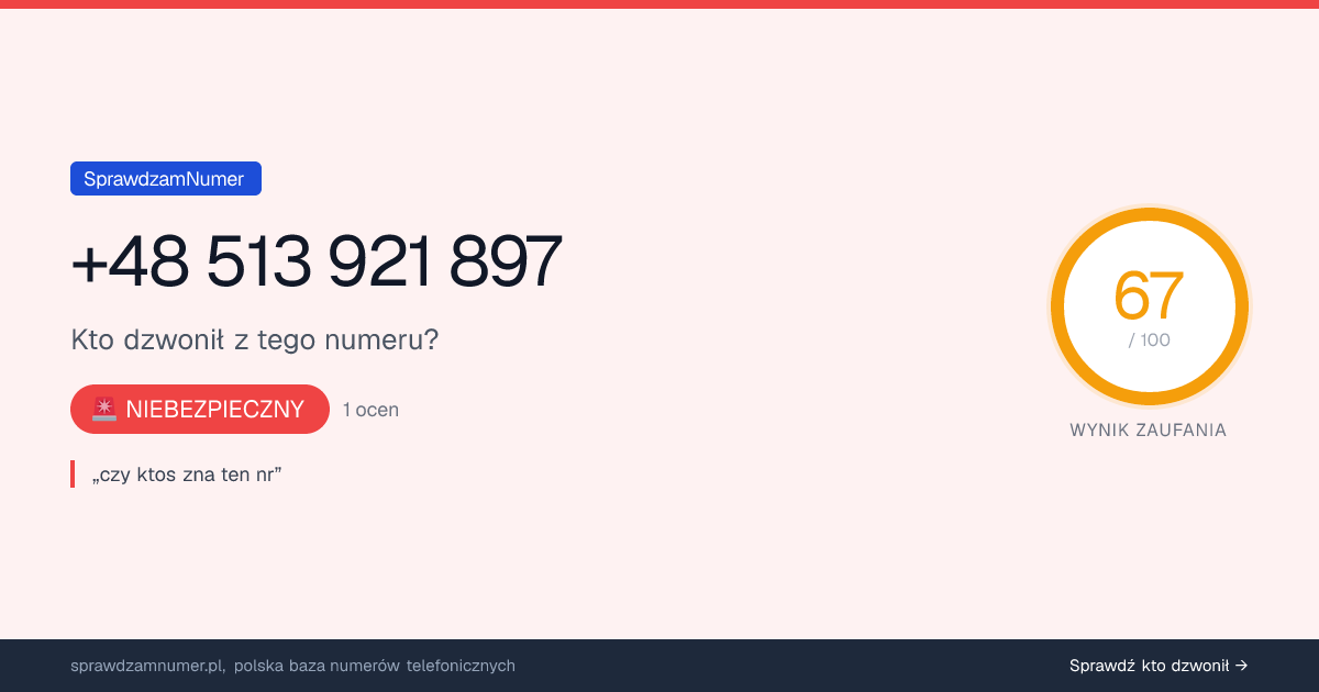 Wynik zaufania i opinie o numerze +48 513 921 897, werdykt: niebezpieczny