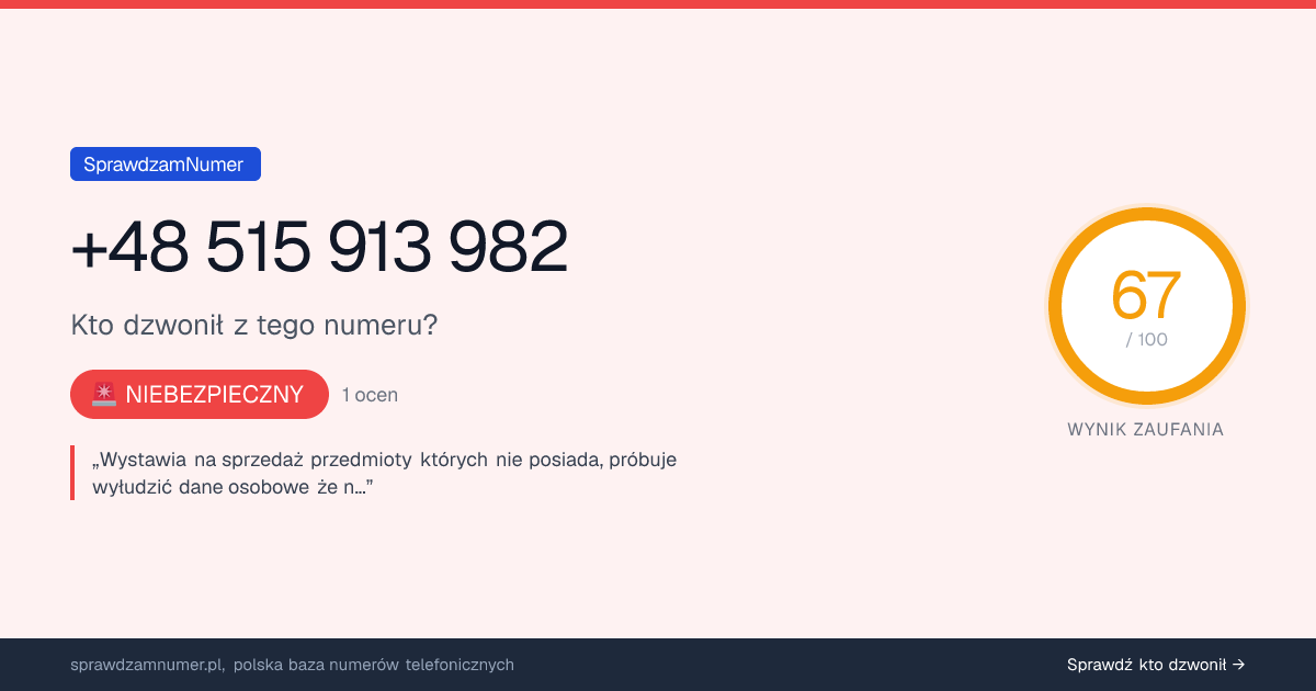 Wynik zaufania i opinie o numerze +48 515 913 982, werdykt: niebezpieczny