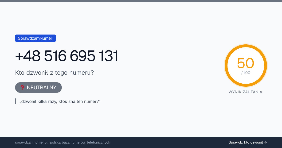 Wynik zaufania i opinie o numerze +48 516 695 131, werdykt: neutralny