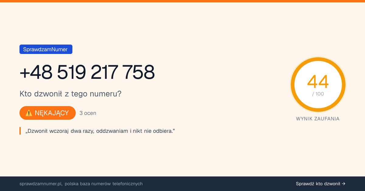 Wynik zaufania i opinie o numerze +48 519 217 758, werdykt: nękający