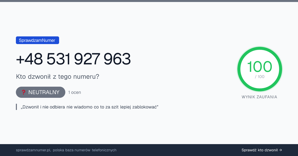 Wynik zaufania i opinie o numerze +48 531 927 963, werdykt: neutralny