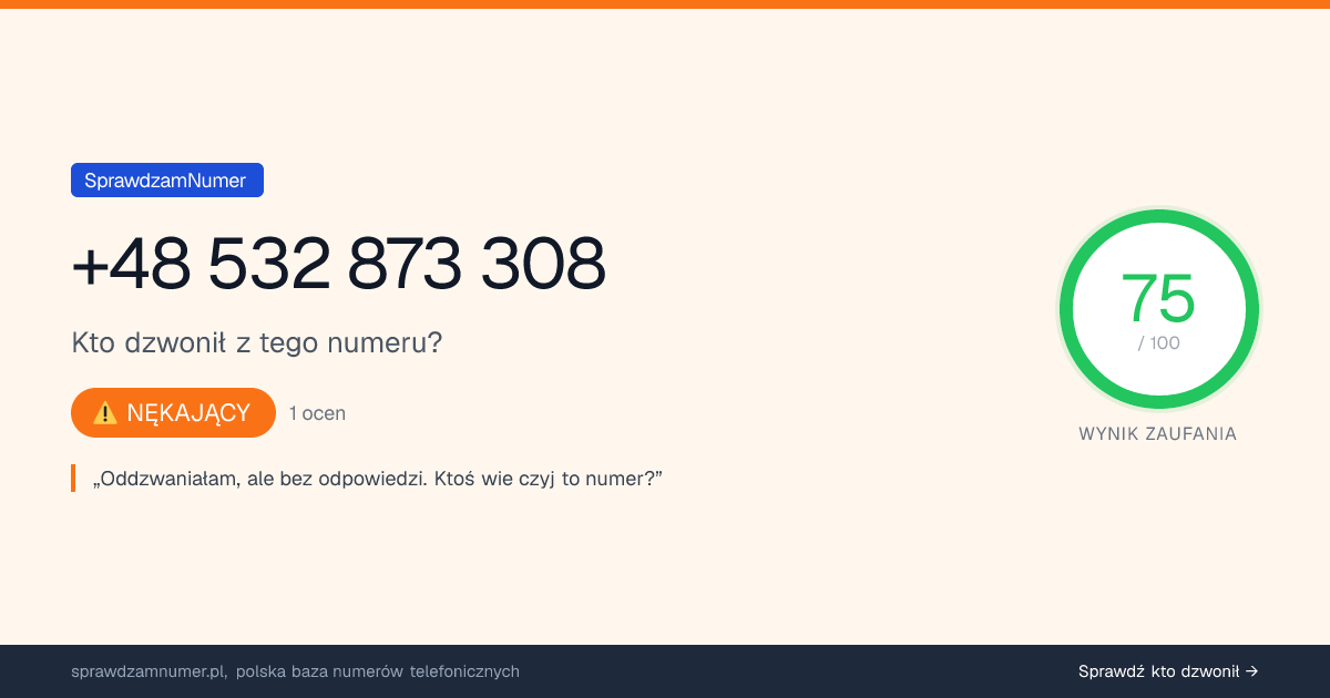 Wynik zaufania i opinie o numerze +48 532 873 308, werdykt: nękający