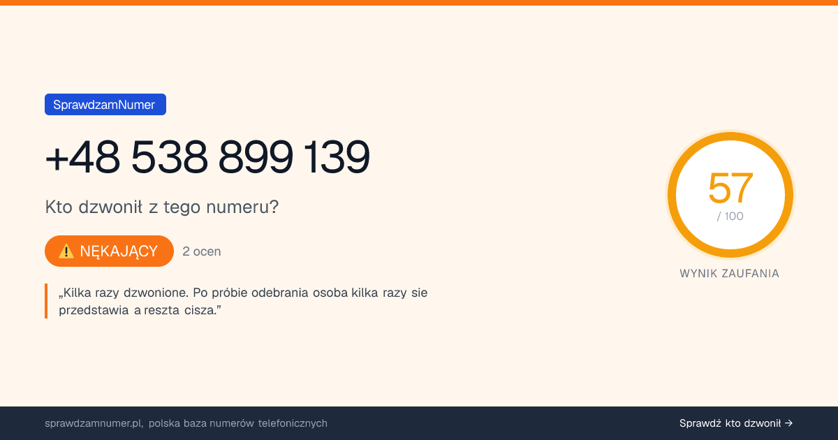 Wynik zaufania i opinie o numerze +48 538 899 139, werdykt: nękający