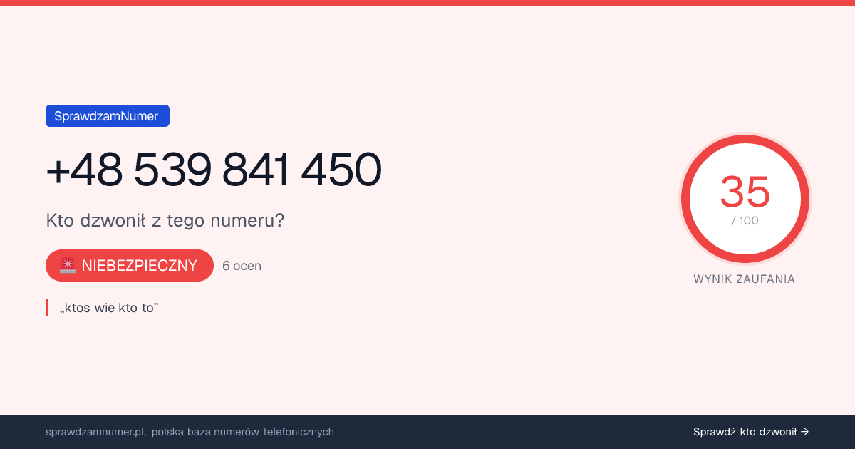 Wynik zaufania i opinie o numerze +48 539 841 450, werdykt: niebezpieczny