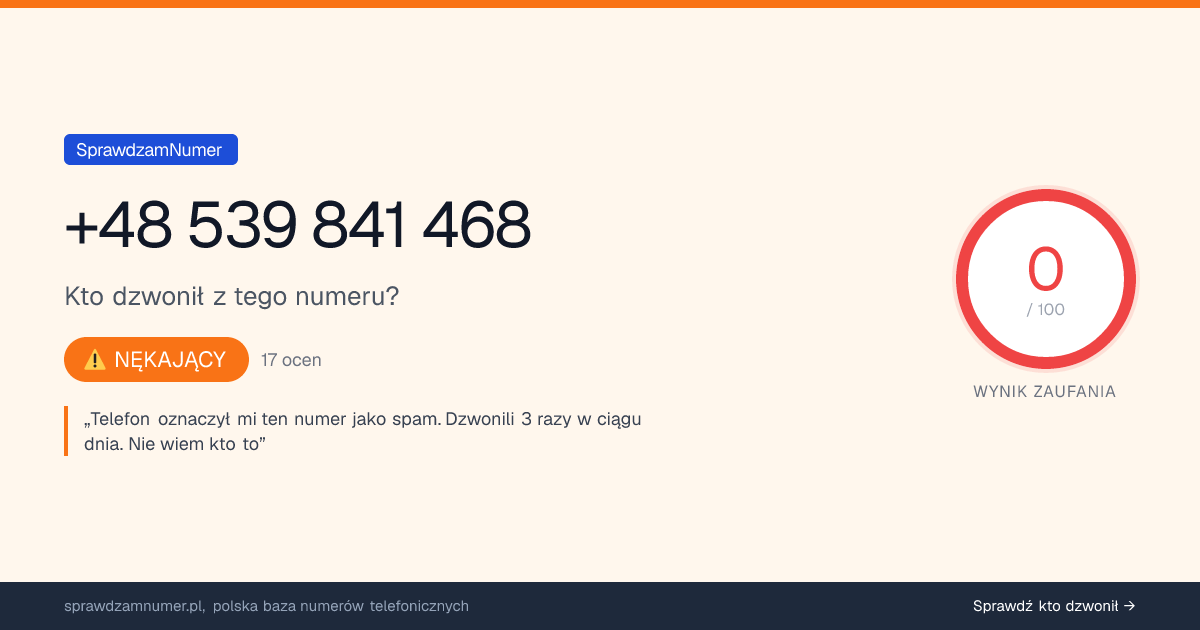 Wynik zaufania i opinie o numerze +48 539 841 468, werdykt: nękający