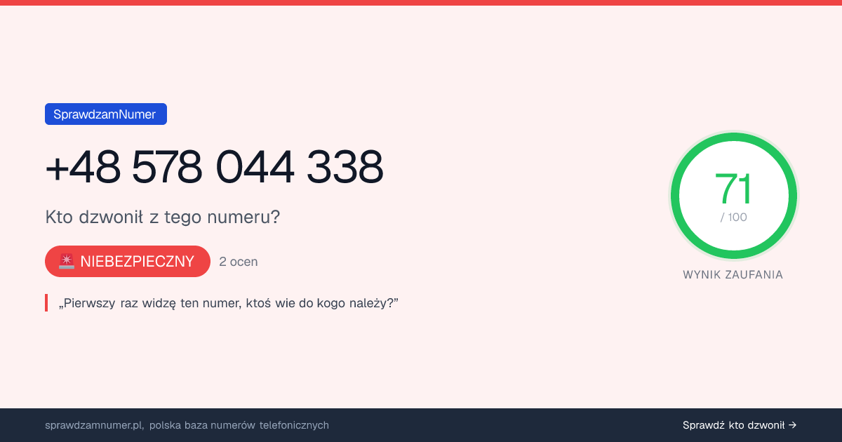 Wynik zaufania i opinie o numerze +48 578 044 338, werdykt: niebezpieczny