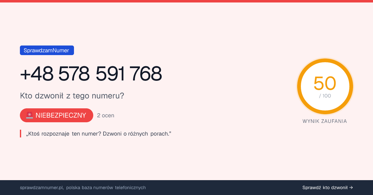 Wynik zaufania i opinie o numerze +48 578 591 768, werdykt: niebezpieczny